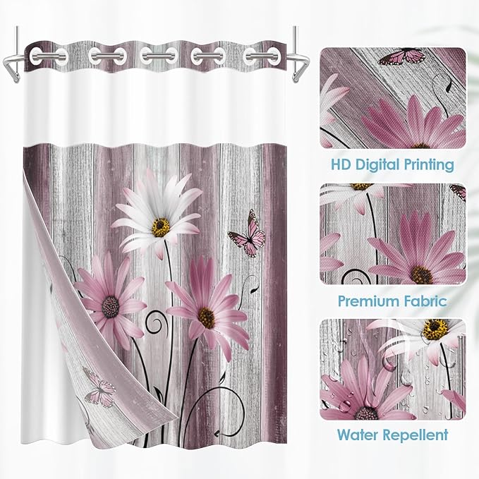 No Hook Flower Daisy Shower Curtain with Snap in Fabric Liner Set, Pink Rustic Farmhouse Double Layers Waterproof Fabric with See Through Top Window Open Grommet Bath Curtain 54x80 Inch