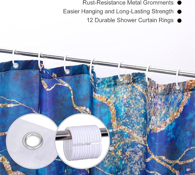 Marble Shower Curtain, Blue Marble Shower Curtain Set, Abstract Luxury Blue Golden Glitter Veins Texture Marble Shower Curtains for Bathroom, Waterproof Fabric, 72 x 78 inches