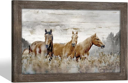 Horse Wall Art Framed Picture: Rustic Animal Wood Print Decor Brown Horses Western Artwork Wildlife Portrait Painting for Living Room Farmhouse Bedroom