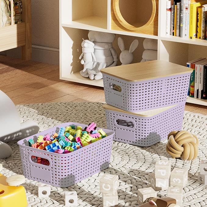 Small Storage Bins with Bamboo Lid, Plastic Storage Box with Lid, 5QT Stackable Organizing Basket with Lable,Storage Container for Classroom, Office, Closet, Shelf Organization, 10x7x4 In-Purple-6 Pcs