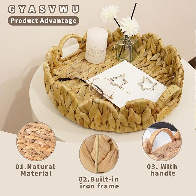 GYASVWU Water Hyacinth Scalloped Tray with Handles,Round Wicker Serving Trays for Coffee Table,Woven Tray for Ottoman Decorative and Organizer Trays (Water Hyacinth)