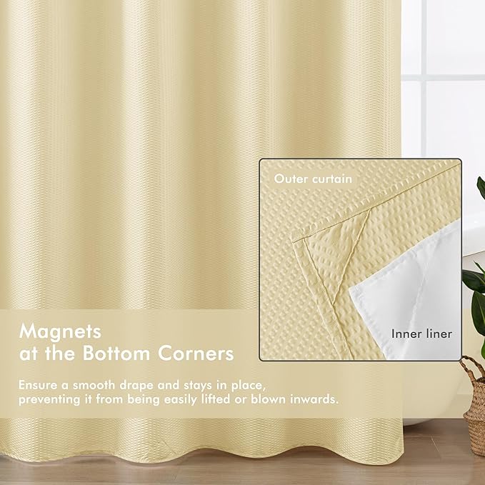 Mrs Awesome No Hook Shower Curtain with Snap-in Liner Less Time On/Off, Embossed Waffle-Look Textured Fabric Shower Curtain for Bathroom, Soft & Lightweight, 71x74, Beige