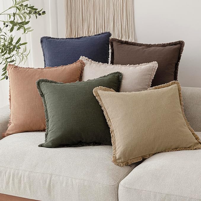 Foindtower Set of 2 Decorative Linen Fringe Lumbar Throw Pillow Covers Boho Farmhouse Cushion Cover with Tassels Soft Accent Pillowcase for Couch Sofa Bed Living Room Home Decor,12×20 Inch,Tan Beige