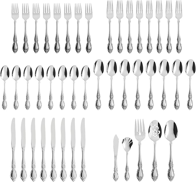 Oneida Silverware Set For 8 with Serving Utensils, Louisiana 45-Piece Fine Flatware Set, Service For 8, 18/8 Stainless Steel, Mirror, Knives Spoons Forks Serving Spoons,Dishwasher Safe(Silver 45 Piece