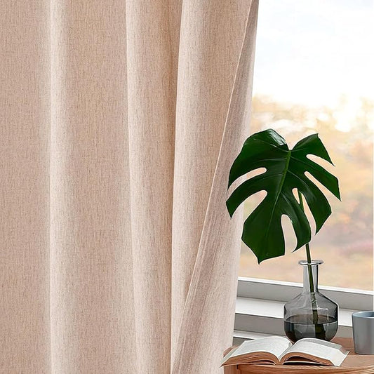 Flax Linen Curtains 50"x108" Set of 2, Natural Tab Top Drapes for Living Room & Bedroom, 108 Inch Long Farmhouse Window Panels, Soft Light Filtering Rustic Curtain Set for Home Decor
