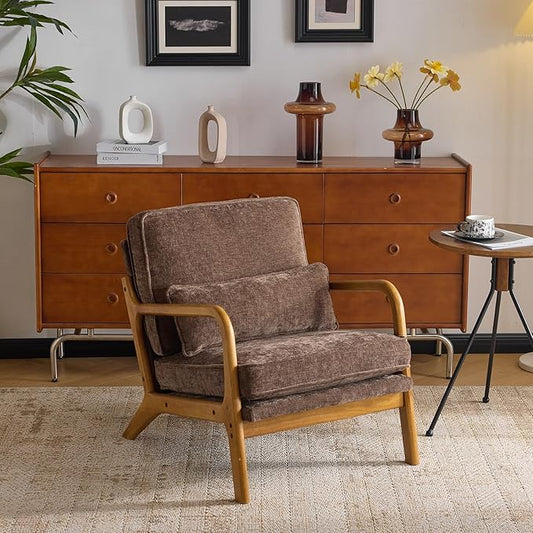 VINGLI Chenille Mid-Century Modern Accent Chair, Cute Reading Arm Chair with Cushion & Lumbar Pillow & Solid Wood Frame for Lounge, Living Room, Reading Room, Bedroom, Espresso