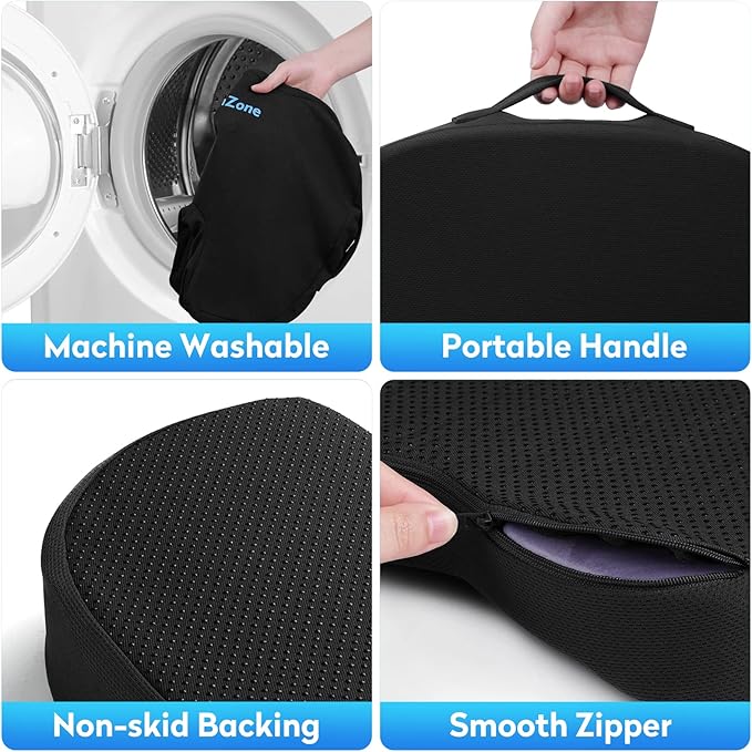 Seat Cushion for Office Chair, Car Seat, Airplane, Bleacher & Wheelchair, Ergonomic Memory Foam, Non-Slip Chair Pad, Office Desk Accessories for Back/Tailbone/Sciatica Pain Relief (Black)