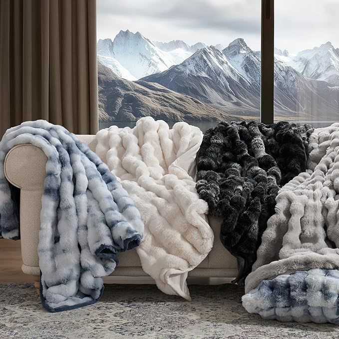 EverGrace Ultra Soft Luxury Fluffy Faux Rabbit Fur Throw Blanket, Thick Warm Bubble Throw for Bed, Cozy Plush Reversible Blankets for Couch, Chair, Sofa, Cloud Blue, 50x60 Inches