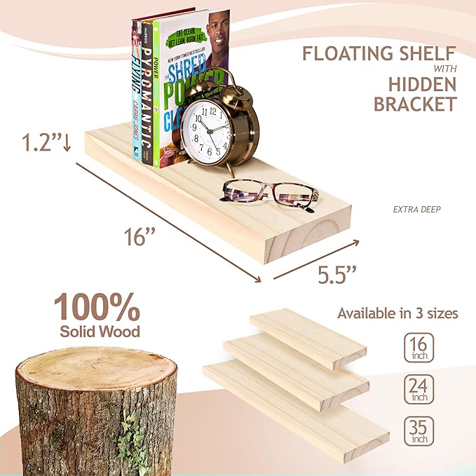 Sorbus Wood Floating Shelves for Wall - 16” Solid Wood Shelves for Bathroom Decor, Books, Bedroom & Living Room - Set of 2 Natural Wall Mounted Kitchen Shelves - Durable Solid Pine