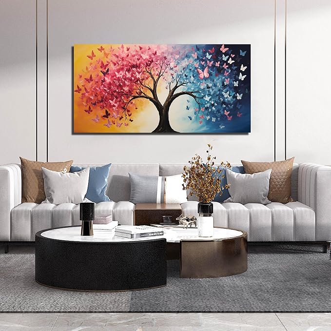 GUGIKA Tree Canvas Wall Art for Living Room, Pink Gold and Blue Butterflies Wall-Decor for Bedroom, Natural Pictures for Hallway Office, Size 48x24 Inches