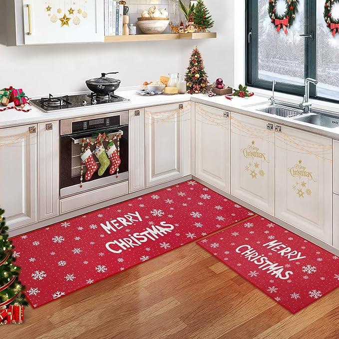 CAROMIO Kitchen Rugs and Mats Washable Non-Skid Kitchen Mats Christmas Decorative Runner Rugs Xmas Throw Floor Mats Runner for Kitchen Laundry Sink, 17"x29"+17"x47"