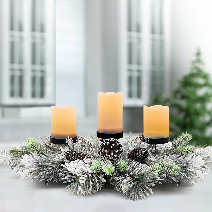 BAYN Christmas Centerpiece Table Decorations, Handcrafted Snowy Pine Cones and Pine Needles with 3 Candle Holders for Dining Table Fireplace Mantel - 27.5 in