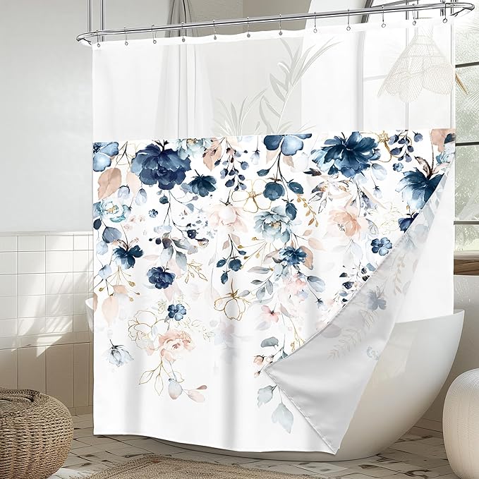 Floral Shower Curtain 72Wx72L Inch with Snap in Liner Spring Blue Pink Flower Eucalyptus Leaf Girl Bathroom Set Watercolor Pastel Plant Botanical Bath Curtain Bathtub Accessories Home Decor