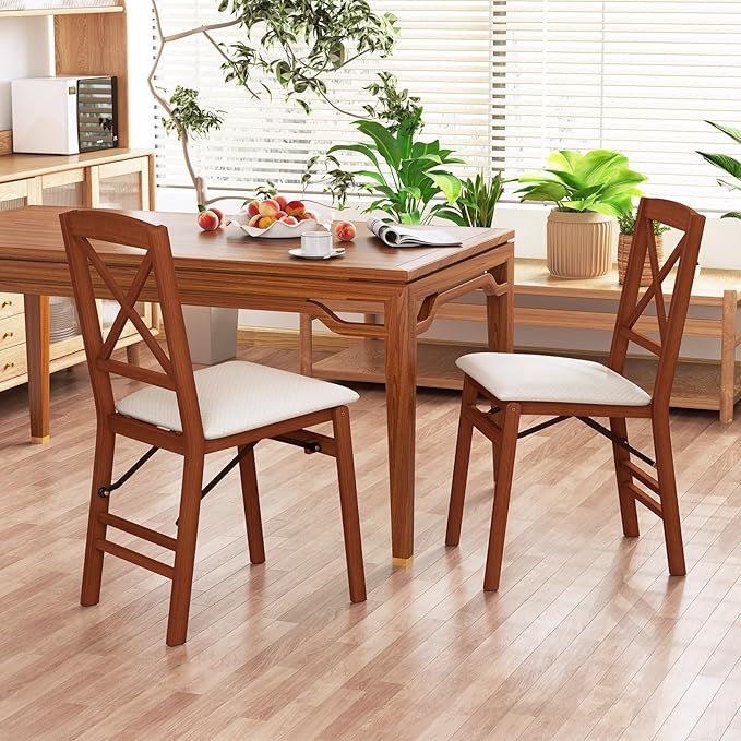 COSTWAY Folding Dining Chairs Set of 2, Upholstered Wooden Dining Room Chairs with X-Shaped Back, 400LBS Capacity and Solid Wood Frame for Kitchen Apartment (Brown & Beige)