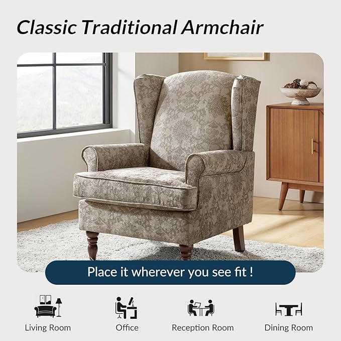 HULALA HOME Wingback Accent Chairs Set of 2 with Retro Wood Legs, Traditional Fabric Armchairs for Bedroom Living Room, Comfy Upholstered Sofa Chairs Reading Chairs with Unique Pattern Design, Brocade