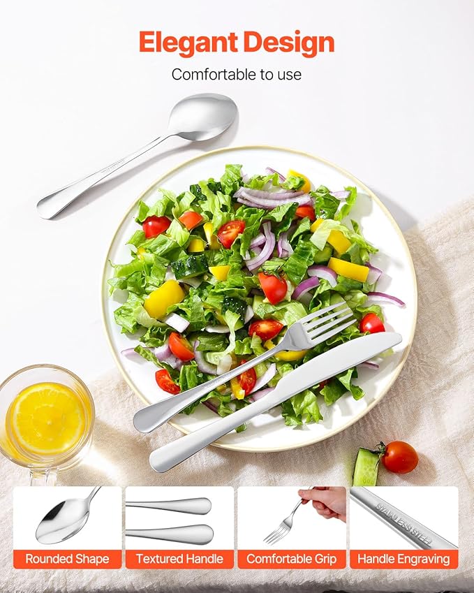 VEVOR 30-Piece Silverware Set, Food-Grade Stainless Steel Flatware Utensils, Mirror Finished Cutlery Set, Dishwasher Safe Eating Tableware for Kitchen Home, Service for 6, Include Knife Fork Spoon