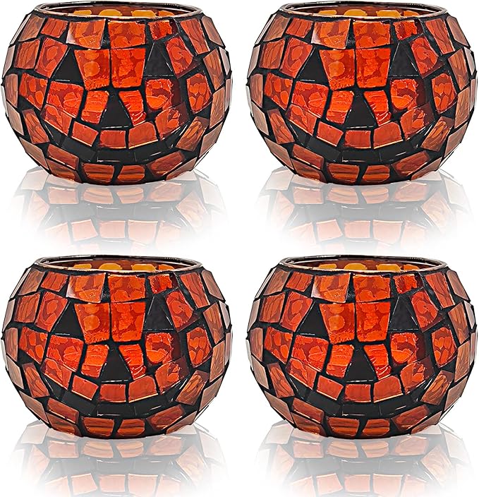 SHMILMH Halloween Candles Holder Set of 4, Grimace Tealight Holders, Handmade Mosaic Pumpkin Glass Votive Candle Holders for Halloween Table Centerpiece Home Decor