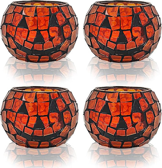 SHMILMH Halloween Candles Holder Set of 4, Grimace Tealight Holders, Handmade Mosaic Pumpkin Glass Votive Candle Holders for Halloween Table Centerpiece Home Decor
