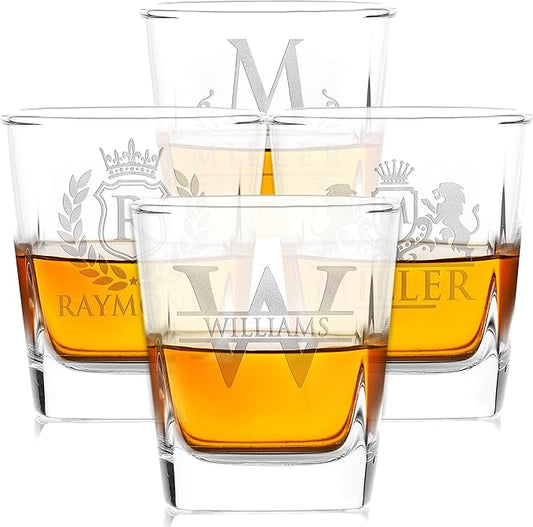 Amazing Items Set of 4 - Personalized Whiskey Glasses w/Name & Initial - 9 Designs - 9 oz, Limited Edition Monogrammed Rocks Glasses for Men, Dad Gifts