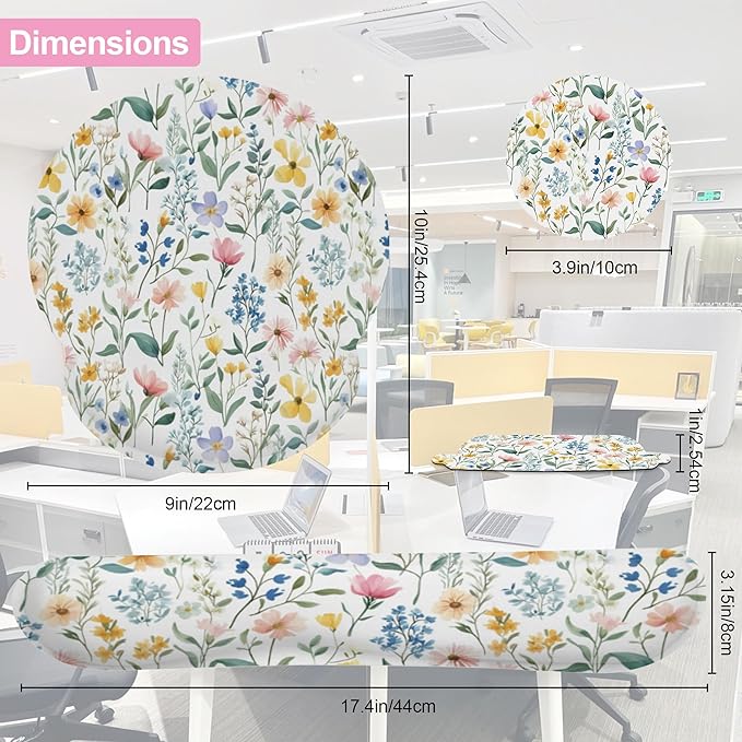 Wildflowers Leaves Mouse Pad with Wrist Rest and Keyboard Wrist Rest Set, Spring Colorful Flowers Non-Slip Rubber Base Memory Foam Mouse Pad Set for Women, Office Desk Accessories, Gaming