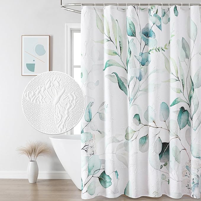 QiyI Eucalyptus Shower Curtain, 3D Embossed Butterflies Bathroom Curtain, Watercolor Green Blue Leaves Minimalist Cloth Bath Curtain, Waterproof Fabric Greenery Shower Curtain Set with Hooks, 72x72