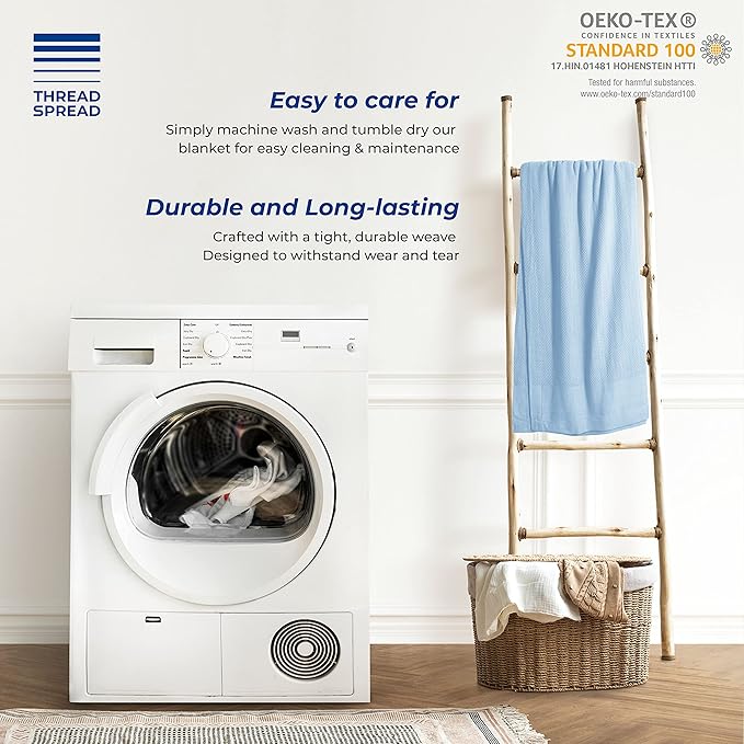 THREAD SPREAD Organic GOTS Cotton Blanket, Full/Queen - 350 GSM, Antistatic, Fuzzy Soft, Lightweight, Sofa, Camping & Travel, Perfect Herringbone All Seasons Throw, Light Blue with Free Tote Bag