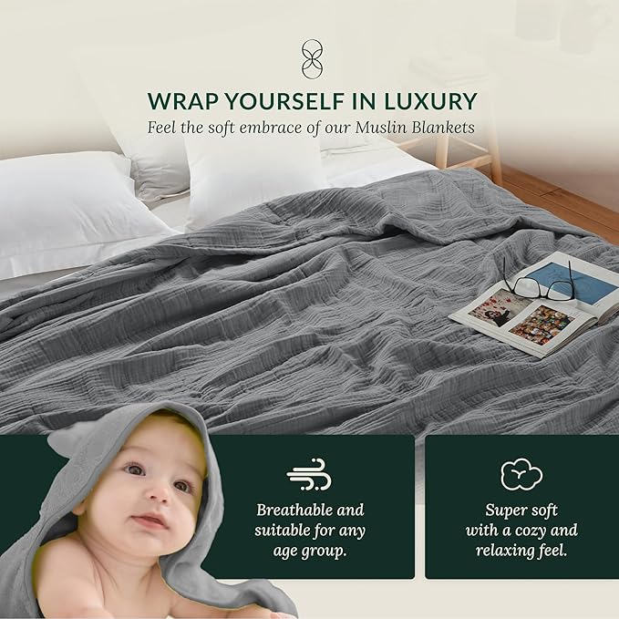 Cloud Scape Linen Extra Large 4 Layer Muslin Throw Blanket - 100% Cotton Gauze, Lightweight & Breathable All Season, Pre-Washed, for Couch & Bed, 50x70, Dark Grey