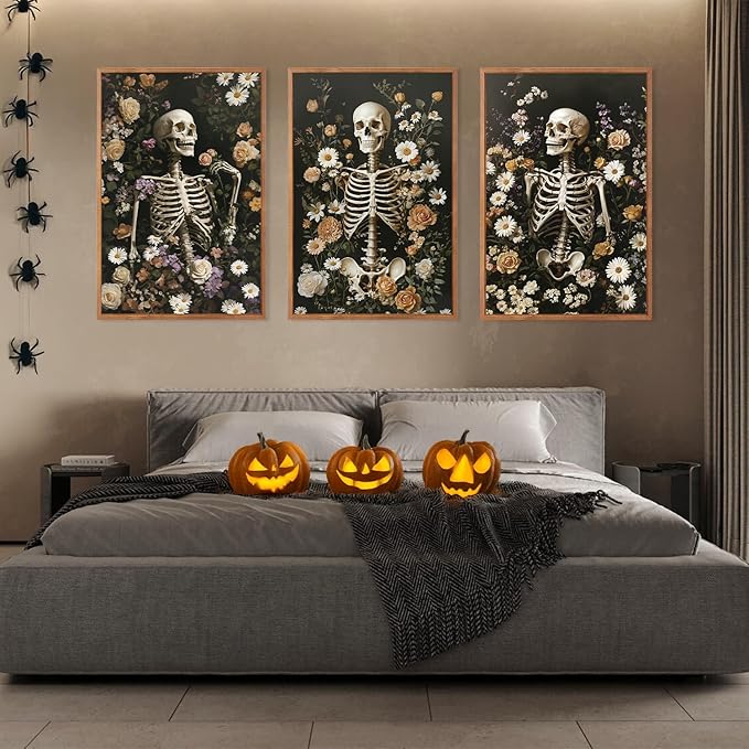 LHIUEM 16”X24”X3-Large Halloween Skeleton Canvas Wall Art Vintage Botanical Art Prints Skull Flowers Pictures Halloween Moody Dark Skull Framed Wall Decor Romantic Rose Spooky Artworks for home office