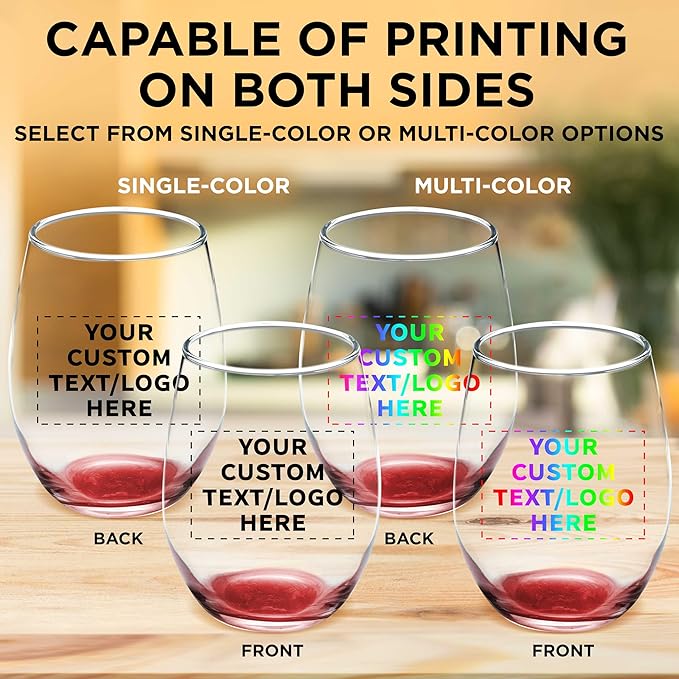 Custom Stemless Wine Glass 9 oz. Set of 50, Personalized Bulk Pack - Great for Wedding Favors, Bachelorette Party Decorations, Party Favors, Color Bottom - Red