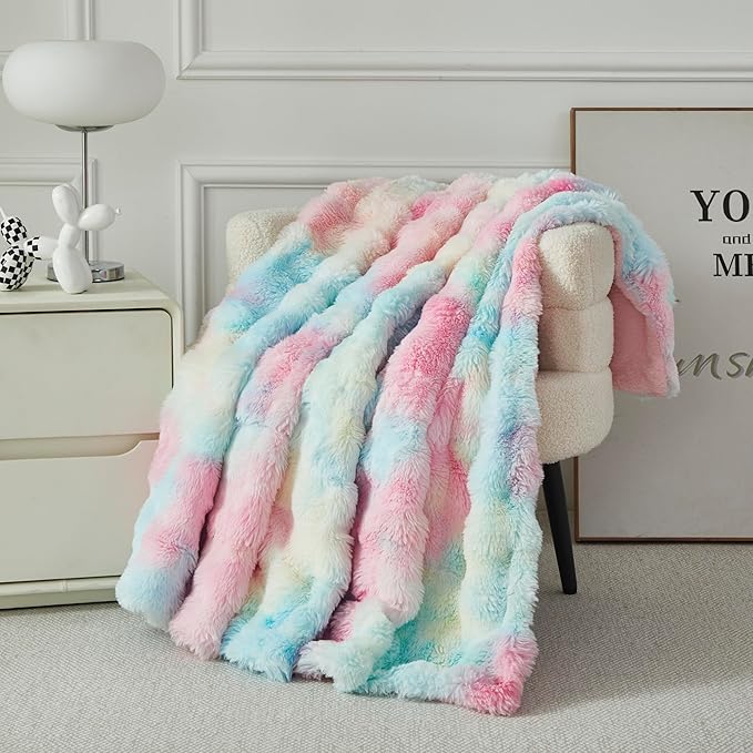 Faux Fur Throw Blanket for Couch Cozy Fuzzy Soft Plush Thick Fluffy Fleece Bubble Blanket for Sofa Bedroom Living Room, 63x79 Inches Rainbow