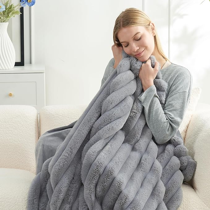 Cozy Bliss Faux Fur Throw Blanket for Couch, Cozy Warm Plush Striped Blanket for Sofa Bedroom Living Room, 60 * 80 Inches Gray