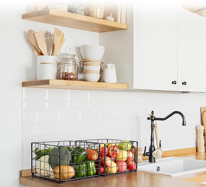 Metal Wire Basket Foldable Set of 4, Metal Bins for Organizing with PVC Sheet, 10.5x10.5in Wire Pantry Baskets Freezer Organizer Bins for Kitchen Closet Bathroom-Black