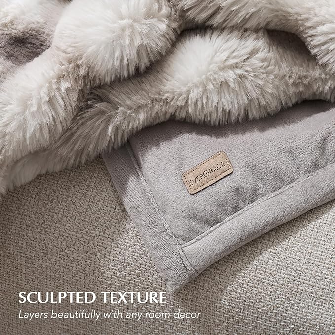 EverGrace Ultra Soft Luxury Fluffy Faux Rabbit Fur Throw Blanket, Thick Warm Bubble Throw for Bed, Cozy Plush Reversible Blankets for Couch, Chair, Sofa, Light Grey, 80x90 Inches