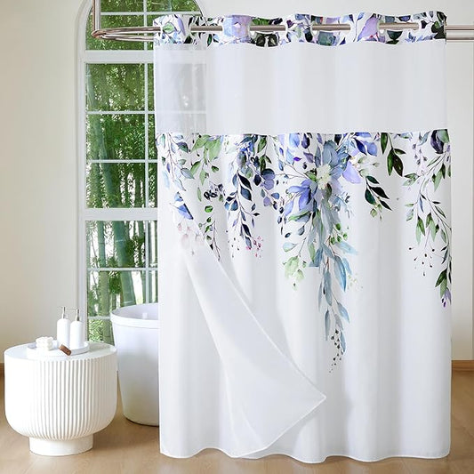 QiyI No Hook Shower Curtain with Snap in Fabric Liner, Green Eucalyptus Shower Curtain with See Through Top Window, Waterproof Washable Cloth Ringless Shower Curtain Set for Bathroom, 72 x 75