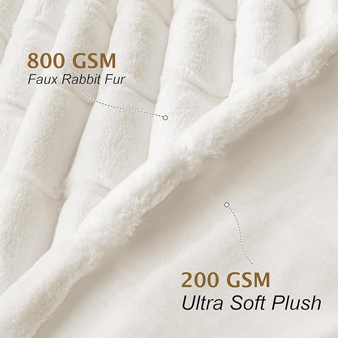 Touchat Faux Fur Throw Blanket, Luxury 1000GSM Ultra Thick Warm Rabbit Blanket for Couch Bed Sofa, 3D Checkered Pattern Lola Minky Comfort Blankets for Bedroom Living Room Women Gift, White
