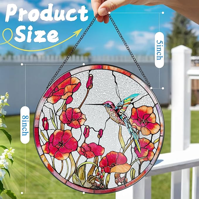 8 Inch Hummingbird Stained Glass Suncatchers for Window Hanging Decor Art Gift for Hummingbird Lovers Wall Hanging Ornament Ideal Festival Gift