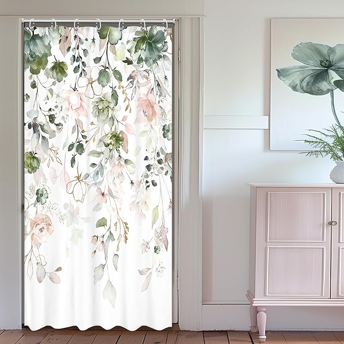 Small Stall Floral Flower Shower Curtain 36Wx72L Inch Spring Gold Eucalyptus Leaves Green Pink Wildflower Rustic Bathroom Set Watercolor Plant Bath Curtain Bathtub Accessories Home Decor