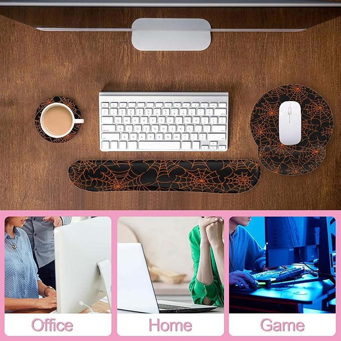 Halloween Spider Web Ergonomic Wrist Support Keyboard Mouse Wrist Rest Set, Computer Office Comfortable Wrist Rest for Mouse Easy Typing