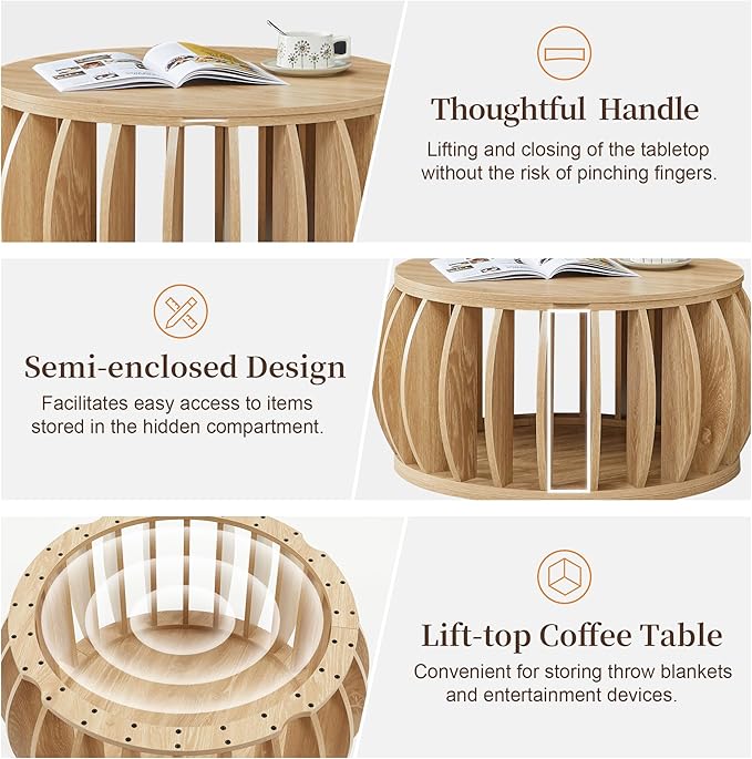 Drum Coffee Table with Storage,31.5” Wood Round Coffee Table,Farmhouse Pumpkin-Shaped Center Table for Living Room Home Office Natural