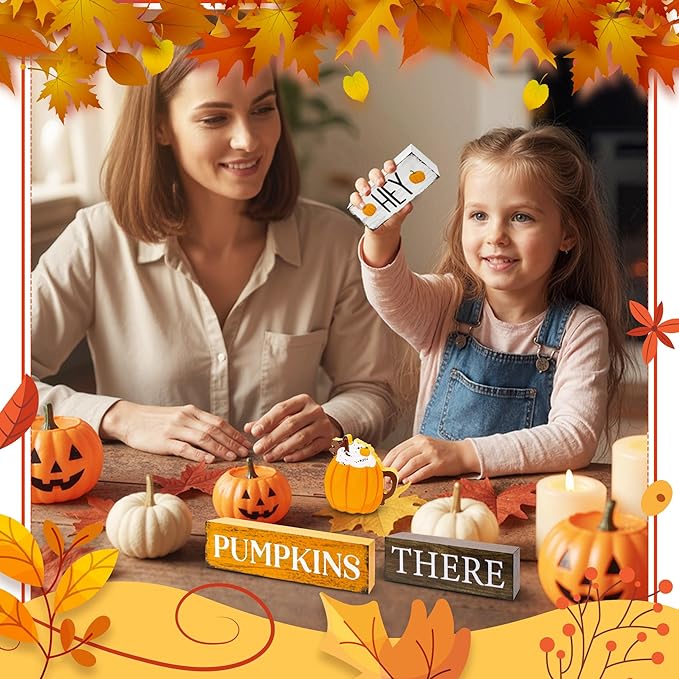 4 Pcs Fall Decor Wooden Tiered Tray Decor, Pumpkins Autumn Decorations Gifts for Home, Thanksgiving Table Centerpiece for Autumn Harvest Party Kitchen