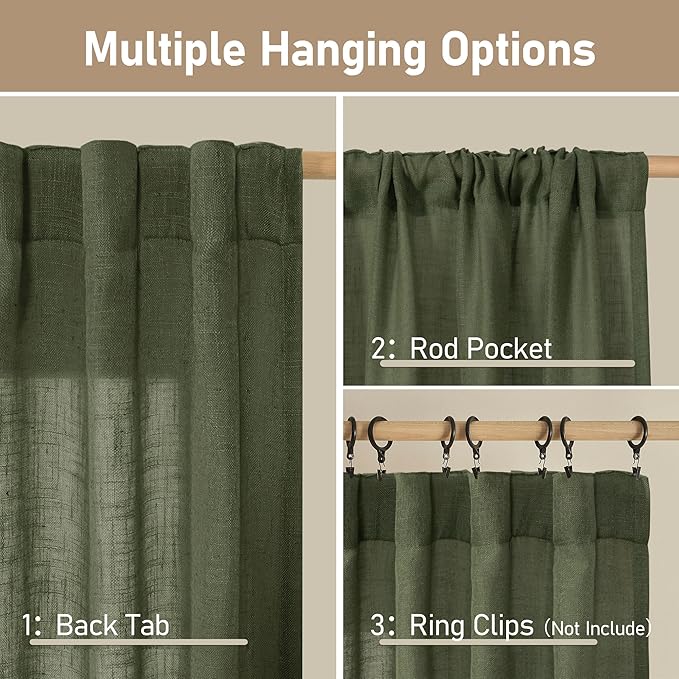 LAMIT Olive Green Semi Sheer Linen Curtains, Light Filtering Panels Back Tab and Rod Pocket Christmas Decor Drapes for Bedroom/Living Room, 2 Panels, 34 x 63 Inch