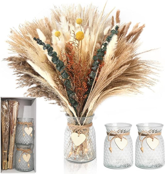 135 Pcs Dried Pampas Grass Decor Dining Table Centerpiece with 2 Pcs 6.3in Vase DIY Boho Decor Natural Dried Pampas Grass for Home Decor Birthday Party Thanksgiving Christmas Weddings Decor