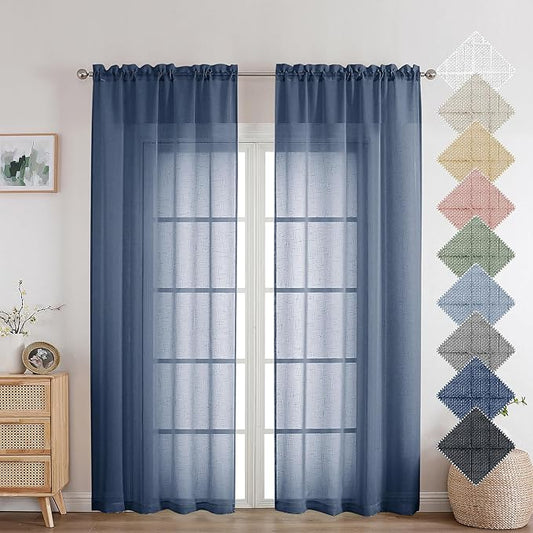 Aiyufeng Linen Textured Blue Sheer Curtains 72 inches Long 2 Panels, Sheer Navy Blue Curtains Breathable Elegant Drapes for Living Room Kitchen, 40Wx72L inch