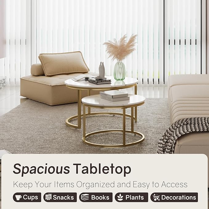 Nesting Tables Set of 2, 31.5" Round Coffee Table, Small Nesting Coffee Table with Adjustable Non-Slip Fee, White Marble Top Stack Nesting Tables Set of 2 for Living Room, Bedroom (White)