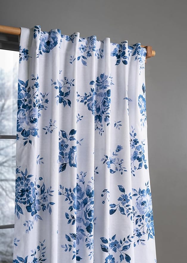 Maison d'Hermine Curtains for Living Room 100% Cotton 108 inch Length One Panel Window Curtains for Bedroom with Loop & Rod Pockets - Rose Garden - Blue, 50" W x 108" L