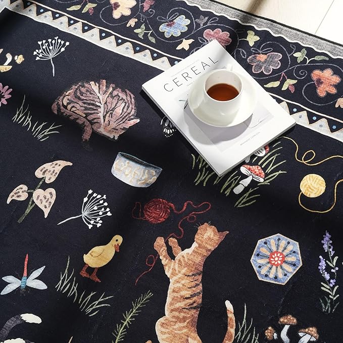 Rugcomf Living Room Rug 5x7 Rug Machine Washable Boho Area Rug Non Slip Floral Animal Cat Vintage Low Pile Large Rugs for Living Room Bedroom Farmhouse Dining Room Kids Playroom, Black