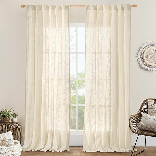 LAMIT Natural Linen Curtains 108 Inch for Living Room, Back Tab and Rod Pocket Linen Textured Sheer Curtains Light Filtering Drapes for Farmhouse/Bedroom, 2 Panels, 52 x 108 Inch, Beige