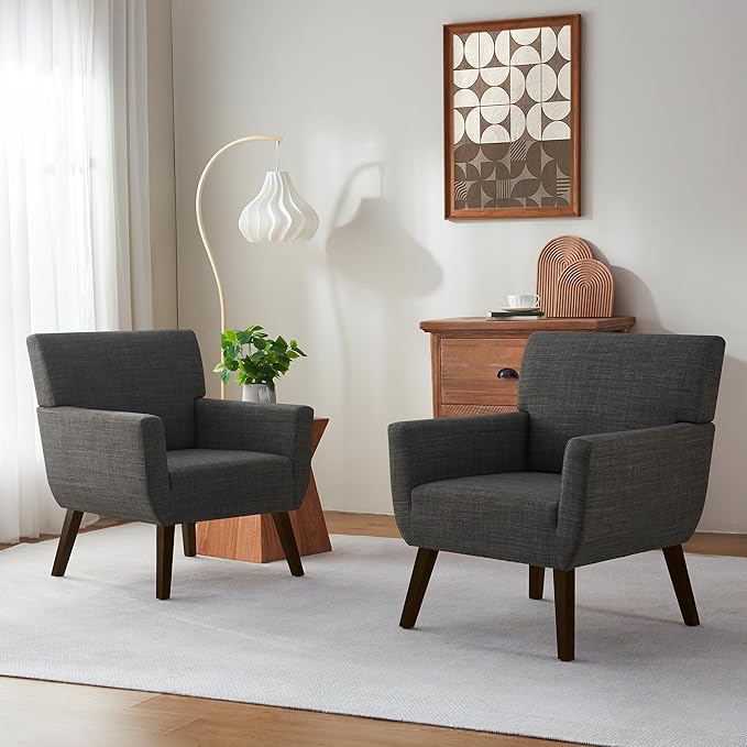Upholstered Accent Chair,Mid Century Modern Office Fabric Small Living Room Chair with Arm,Comfy Wingback Armchair for Bedroom Reading (Grey, 2 PC)