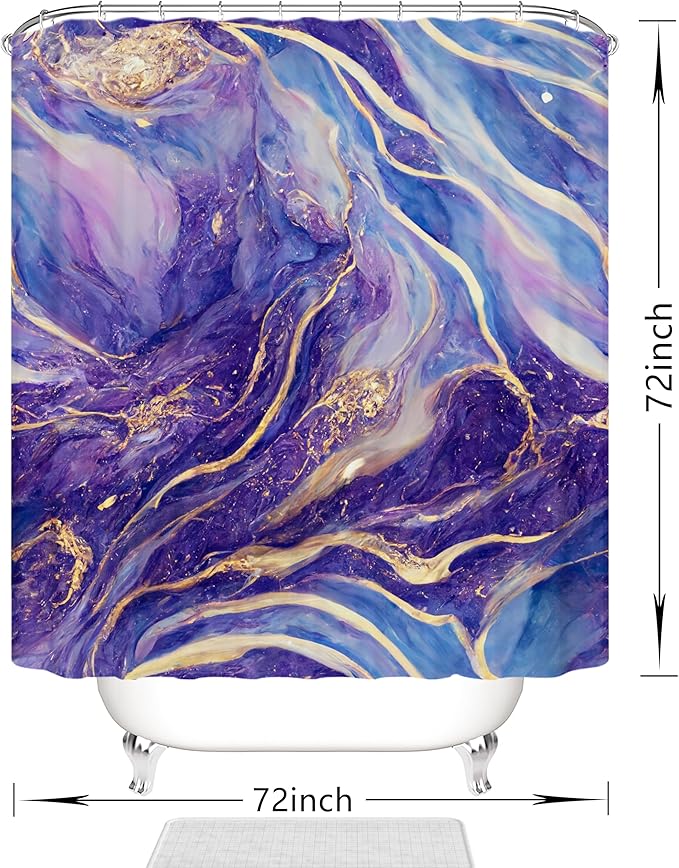 Domoku Purple Blue and Gold Marble Shower Curtain,Abstract Modern Bathroom Decor, Waterproof Washable Fabric Shower Curtain, 72 X 72