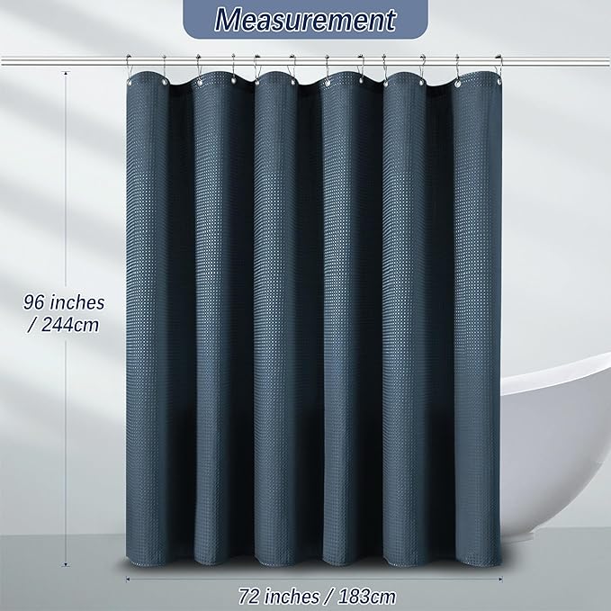 Extra Long Royal Blue Waffle Water Repellent Shower Curtain 96 Inches, 256GSM Heavy Duty Shower Curtain for Bathroom, Hotel Quality Bath Curtain Set with 12 Hooks, 72Wx96H